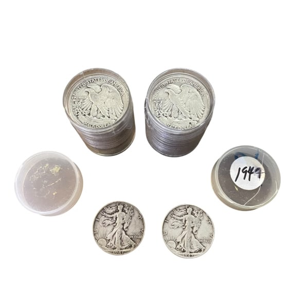 1947 Walking Liberty Silver Half Dollars: 1947 Walking Liberty Silver Half Dollars Two vintage rolls of U.S. Walking Liberty half dollars from 1947, the final year of this historic coin series. Struck in 90% silver, this lot includes a total 
