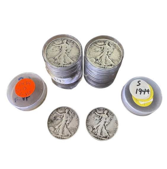 Walking Liberty Silver Half Dollars 1939 & 1944-S: Walking Liberty Silver Half Dollars 1939 & 1944-S Two vintage rolls of U.S. Walking Liberty half dollars, totaling 40 coins struck in 90% silver, 20 coins per protective plastic tube. This lot feature