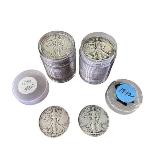 Walking Liberty Silver Half Dollars 1940-S & 1942: Walking Liberty Silver Half Dollars 1940-S & 1942 Two vintage rolls of U.S. Walking Liberty half dollars, containing a total of 40 coins struck in 90% silver, 20 coins per protective tube. This lot fe