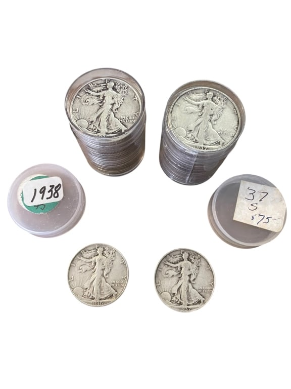 Walking Liberty Silver Half Dollars 1937-S & 1938: Walking Liberty Silver Half Dollars 1937-S & 1938 Two vintage rolls of U.S. Walking Liberty half dollars, totaling 40 coins struck in 90% silver ,20 coins per protective plastic tube. This desirable l