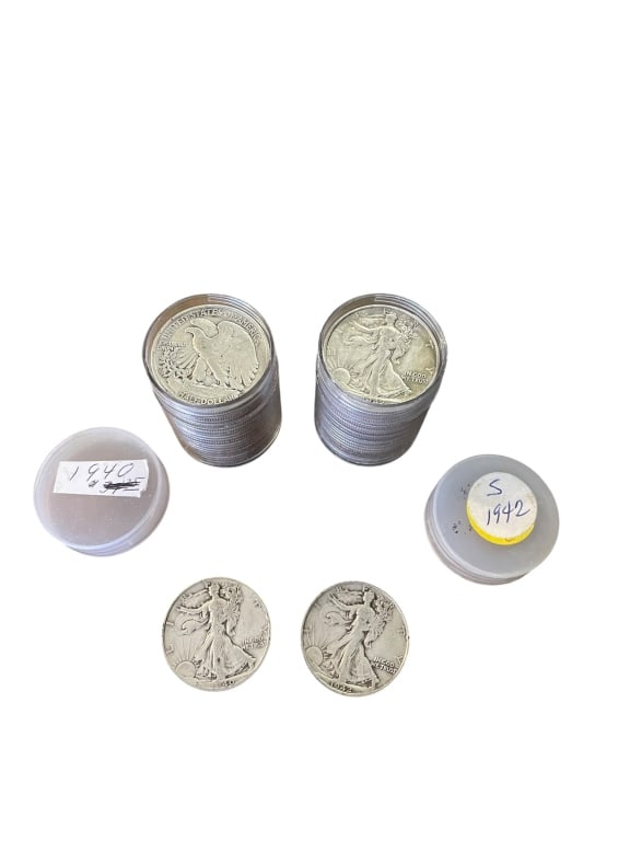 Walking Liberty Silver Half Dollars 1940 & 1942-S: Walking Liberty Silver Half Dollars 1940 & 1942-S Two vintage rolls of U.S. Walking Liberty half dollars, totaling 40 coins struck in 90% silver, 20 coins per protective plastic tube. This lot feature