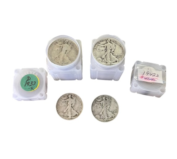 Walking Liberty Silver Half Dollars 1937D & 1942D: Walking Liberty Silver Half Dollars 1937D & 1942D Two vintage rolls of U.S. Walking Liberty half dollars, containing a total of 40 coins struck in 90% silver, 20 coins per protective plastic tube. Thi