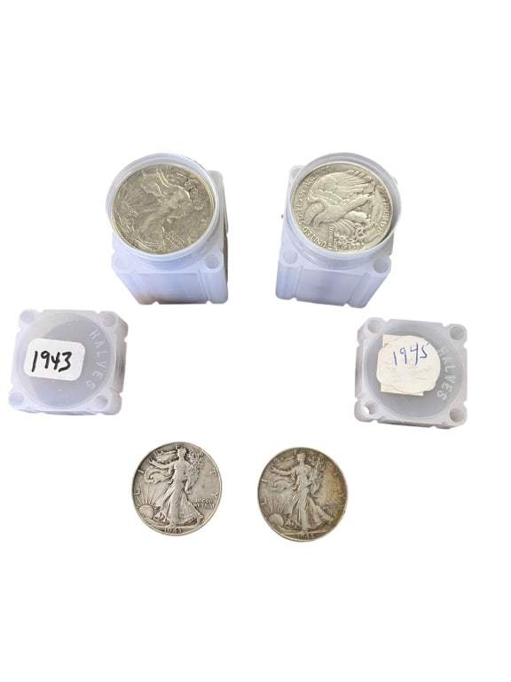 Walking Liberty Silver Half Dollars 1943 & 1945: Walking Liberty Silver Half Dollars 1943 & 1945 Two vintage rolls of U.S. Walking Liberty half dollars, containing a total of 40 coins struck in 90% silver, 20 coins per protective plastic tube. This 