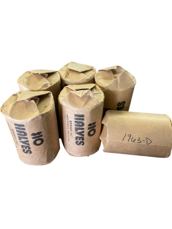 Six Rolls Benjamin Franklin Silver Half Dollars: Six Rolls Benjamin Franklin Silver Half Dollars Six vintage paper-wrapped bank rolls of U.S. Benjamin Franklin half dollars, totaling 120 coins. Struck in 90% silver, each standard roll has a face val
