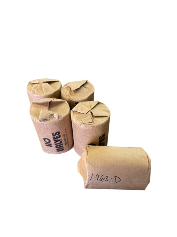 Five Rolls Benjamin Franklin Silver Half Dollars: Five Rolls Benjamin Franklin Silver Half Dollars Five vintage, paper-wrapped bank rolls of U.S. Benjamin Franklin half dollars, totaling 100 coins. Struck in 90% silver, each standard roll has a face 