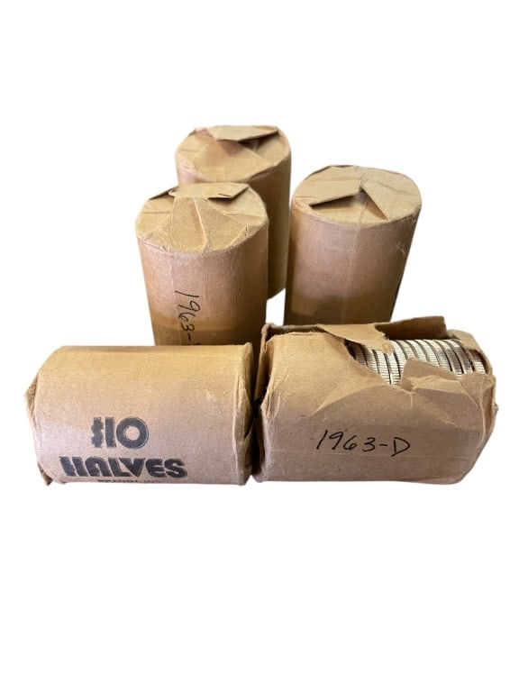Five Rolls Benjamin Franklin Silver Half Dollars: Five Rolls Benjamin Franklin Silver Half Dollars Five vintage, paper-wrapped bank rolls of U.S. Benjamin Franklin half dollars, totaling 100 coins. Struck in 90% silver, each standard roll has a face 