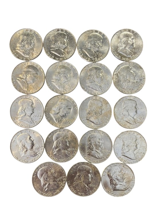19 Benjamin Franklin Silver Half Dollars: 19 Benjamin Franklin Silver Half Dollars A loose estate lot of 19 vintage U.S. Benjamin Franklin half dollars, all dated 1963. Struck in 90% silver, these coins represent the final year of the iconic 