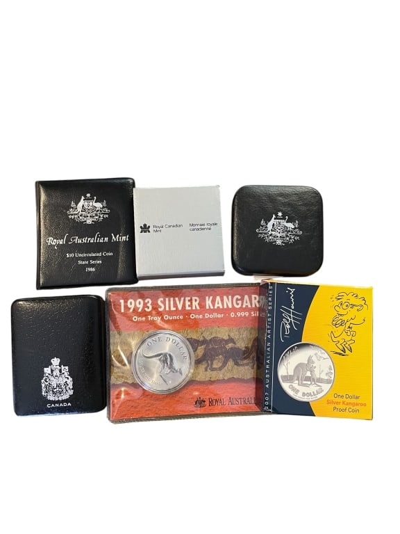 Mixed Lot of 5 Australian & Canadian Silver Coins: Mixed Lot of 5 Australian & Canadian Silver Coins A fantastic collector's lot featuring five diverse, officially packaged silver commemorative items from the Royal Australian Mint and Royal Canadian
