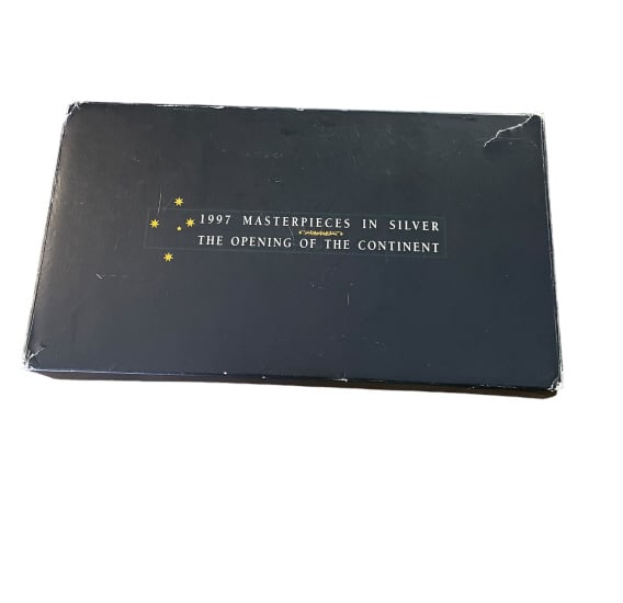 1997 Masterpieces in Silver Proof Set: 1997 Masterpieces in Silver Proof Set An official 5-coin legal tender proof set from the Royal Australian Mint's popular "Masterpieces in Silver" series, titled "The Opening of the Continent." This