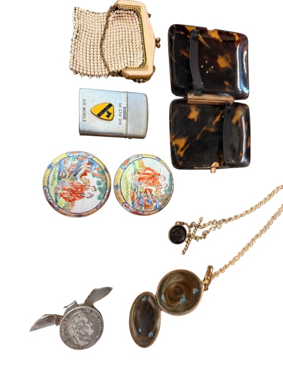 7 assorted Table Articles and oddities: 7 assorted Table Articles and oddities Bakelite card case in elegant faux tortoise shell Victorian coin purse 1st Calvary Division air mobile lighter Victorian hair memorial, etched case with pocket c