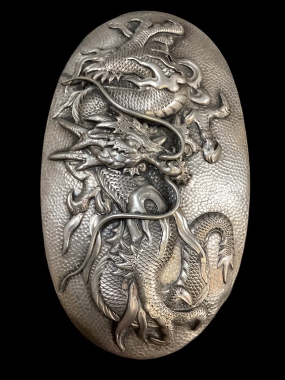 Chinese Export Silver Handle Brush: Chinese Export Silver Handle Brush Hand hammered Repousse handle grooming brush, with Imperial Dragon, most produced late Qing Dynasty. High grade silver, but no purity marks