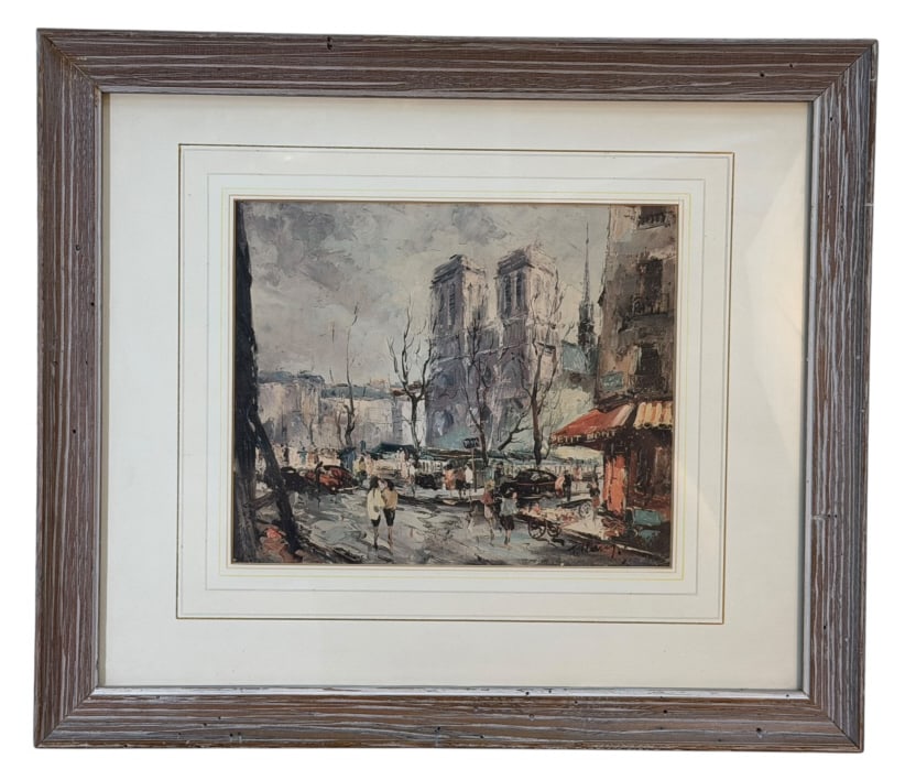 Fernand Claver Reproduction Print: Framed vintage reproduction print after French artist Fernand Claver, depicting a Parisian street scene at the Petit Pont with the towers of Notre-Dame Cathedral in the background. The image features 