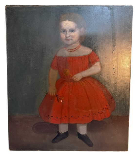 American Folk Art Portrait of Girl in Red Dress: 19th-century American folk art portrait of a young child in a vibrant red dress, holding a small floral sprig. Dating to circa 1853, the full-length portrait features a red bead necklace and black