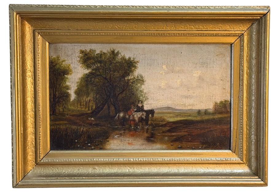 Oil Painting with Figures Atop Horses: 19th-century European-style oil painting depicting a mother and daughter riding horses through a pastoral landscape. The earthy color palette and idyllic setting create a warm, serene atmosphere,