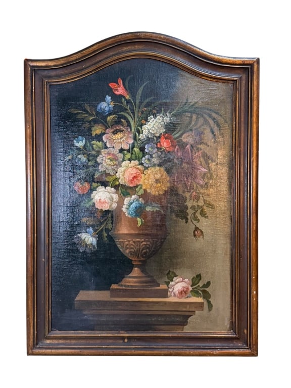 Baroque Floral Still Life: Oil-on-canvas baroque still life depicting a vibrant floral bouquet arranged in a classical urn atop a stone plinth. The Dutch-inspired composition features roses, tulips, and delicate filler flowers