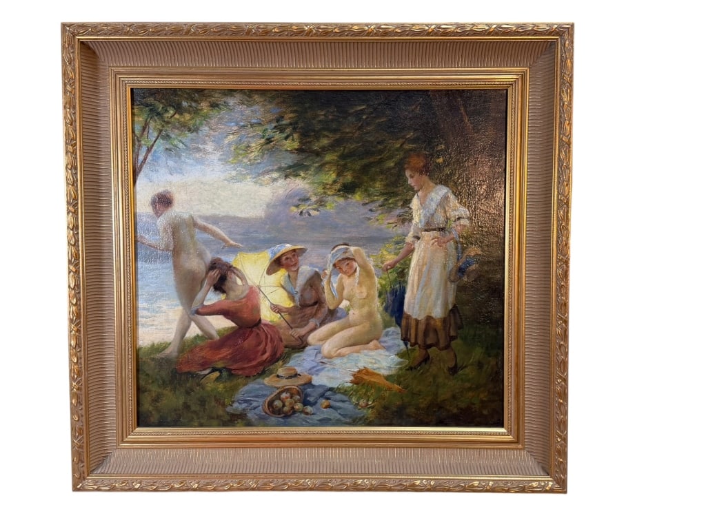 Pastoral Bathing Scene, Alfred Justitz: Painting by Czech modernist artist Alfréd Justitz (1879?1934), depicting a classical "Bathers" or Anacreontic pastoral scene. The composition combines academically rendered figures with loose, dapple