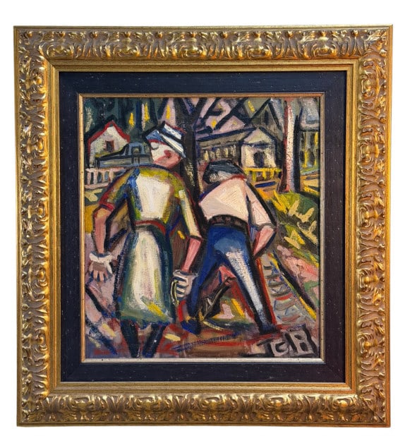 Fauvist inspired Painting with Laboring Figures: Fauvist-inspired oil painting depicting two figures engaged in labor within an industrial or urban setting. Bold colors, geometric forms, and expressive lines abstract the figures and surrounding