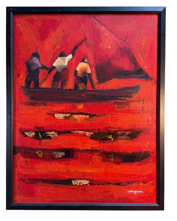 Sailboat on Red Water, Sabiti Matovu: Original Expressionist oil painting on canvas depicting three figures in a small boat beneath a vivid red sky. Thick, textured brushwork and a predominantly warm red and dark palette create a
