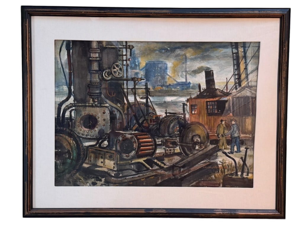 Reginald Marsh Harbor Scene Watercolor: Original watercolor, ink, and pencil by American Social Realist artist Reginald Marsh, depicting an industrial harbor scene. The composition features steam machinery, gears, dock pipes, tugboats or fr