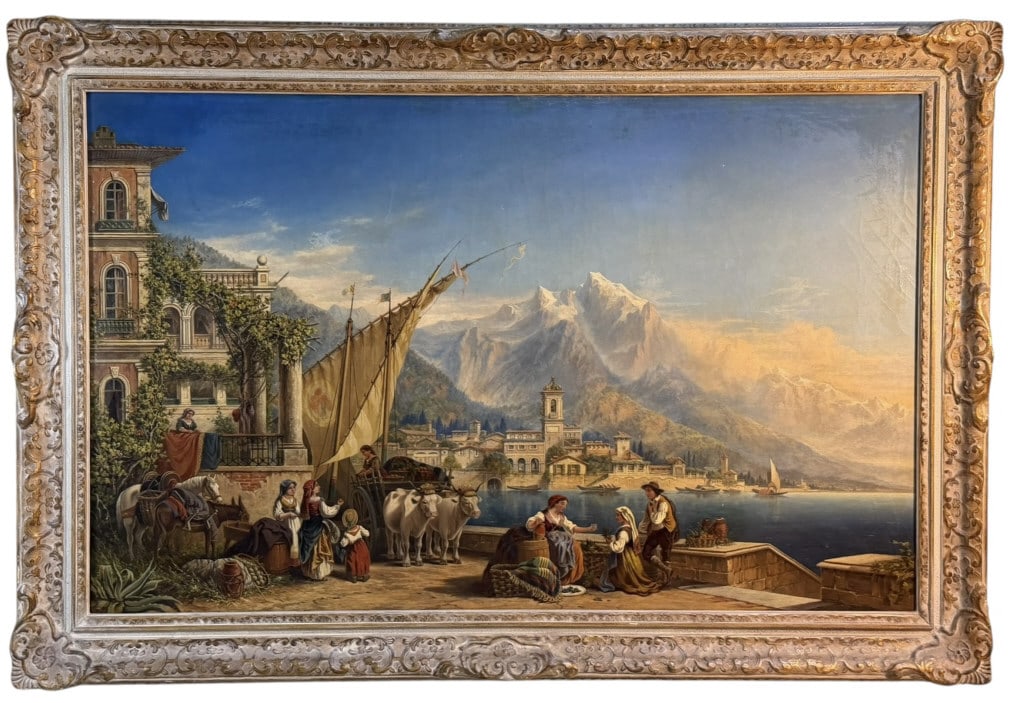 Unsigned Italian Landscape Oil Painting: Italian landscape oil painting depicting a lively lakeside village, likely inspired by the scenery of Lake Como. Although unsigned, the work reflects the European landscape tradition through its
