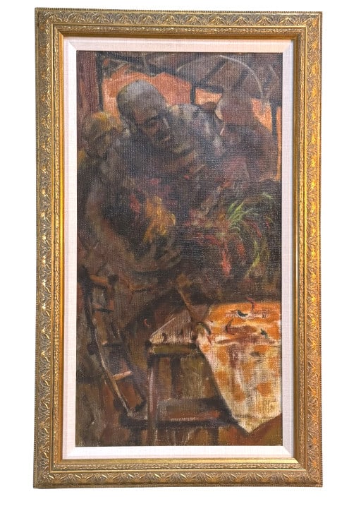 Expressionist Painting, George Benjamin Luks: Expressionist oil painting attributed to American artist George Benjamin Luks, depicting three abstracted figures gathered around a table in a dark, warmly lit interior. Thick, vigorous brushwork emph