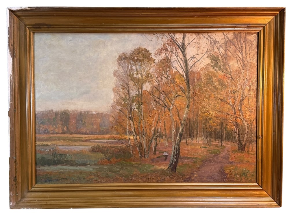 Impressionist Marsh Scene: Antique European landscape oil painting on canvas depicting an autumnal woodland scene with birch trees, a winding path, and a marshy stream beneath a muted sky. The subdued, earthy palette and