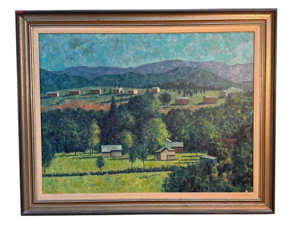 Shenandoah Valley Landscape, Lewis Thompson: Original oil painting on canvas by American artist Lewis Thompson (1924?2002), depicting a rural Virginia valley with green fields, red-roofed farm buildings, and distant blue-toned mountains beneath 
