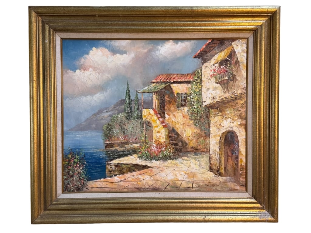 Impressionist Mediterranean Landscape: Impressionist-style oil-on-canvas painting attributed to P.G. Tiele. The painting depicts a Mediterranean coastal villa overlooking a deep-blue harbor, framed by cypress trees and colorful flowering p