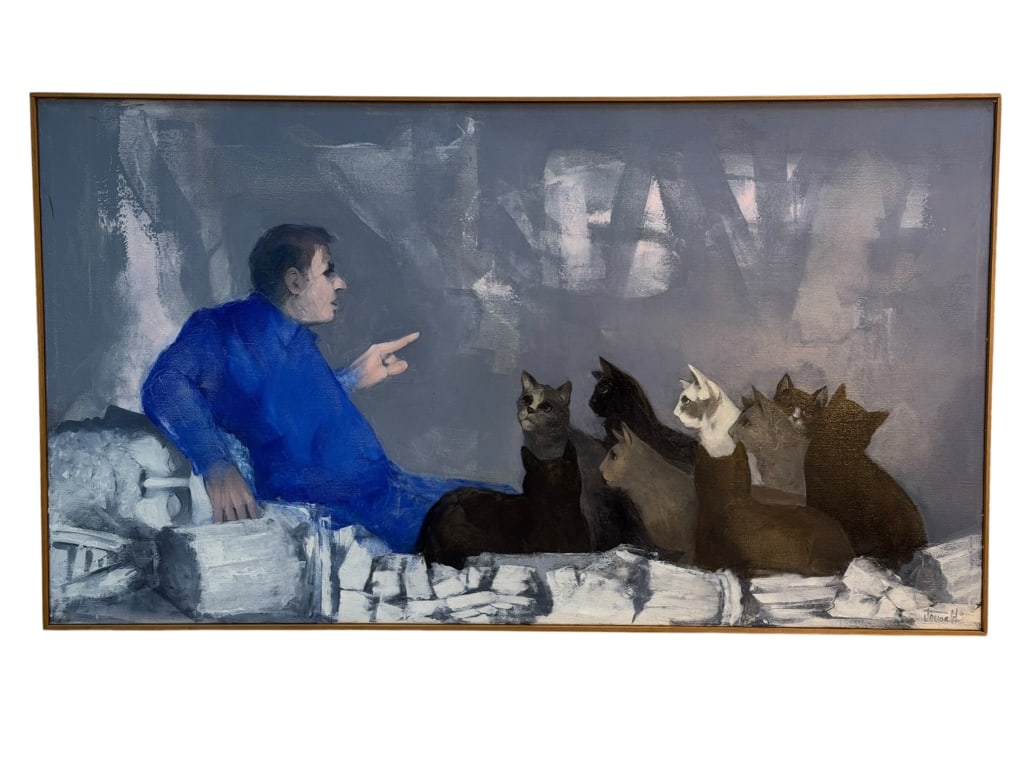 Satirical Cat Painting, Joseph Jeswald: Painting titled To Cats the Benefit of Human Wisdom by American artist and educator Joseph Jeswald (1927?2009). The allegorical composition depicts a figure in a vivid blue garment lecturing seven
