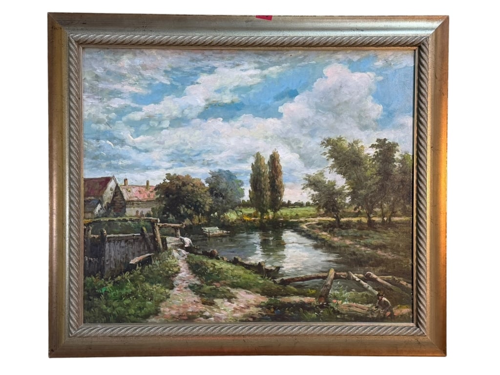 After John Constable Countryside Landscape: Framed rural landscape painting after English Romantic painter John Constable, depicting a tranquil riverbank with cottages, trees, and rolling countryside. The composition closely follows Constable?s
