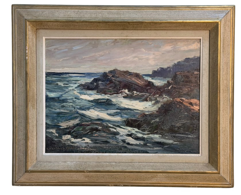 Bass Rocks, Cape Ann, Mass, Louis Eastman Coats: Vintage framed oil painting depicting the rugged coastline at Bass Rocks, Cape Ann, Massachusetts, with dramatic churning waves beneath an overcast sky. The reverse is inscribed with the artist?s