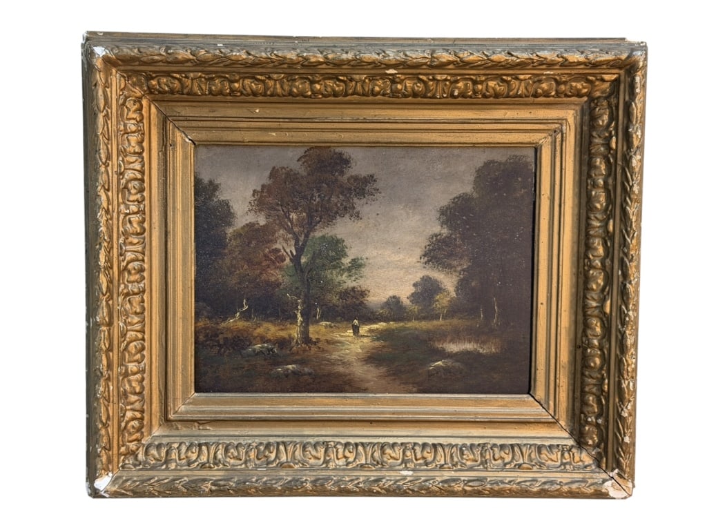 European Oil Painting With Isolated Figure: European Romantic landscape oil painting depicting a solitary figure walking along a worn path. The dark, subdued palette establishes a somber mood, while the isolated figure and receding path create 