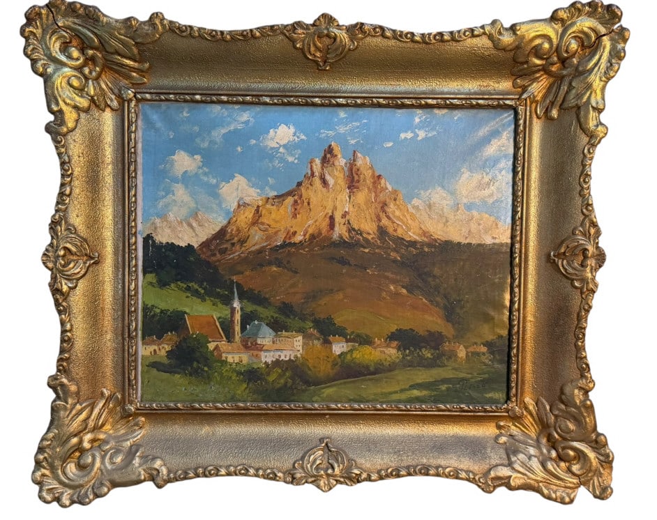 European Impressionist Alpine Landscape: European Impressionist landscape painting depicting an alpine mountain overlooking a small pastoral village. Lively, expressive brushwork emphasizes the rugged, untamed character of the mountain, crea