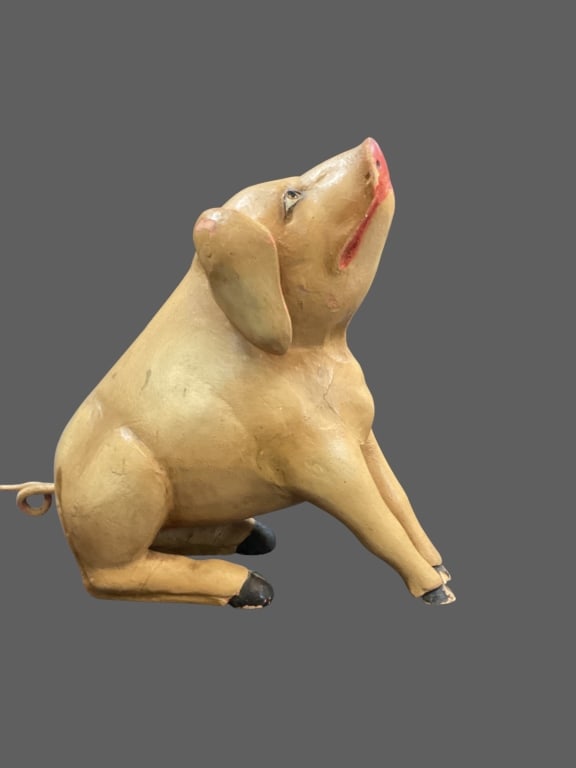 German Butcher Shop Pig: Folk Art style carved wooden pig, with distinctive painted body, and face. Red snout and soulful expression, these pieces were used as advertising for Butcher shop windows during 1940s to 50?s . 12 x