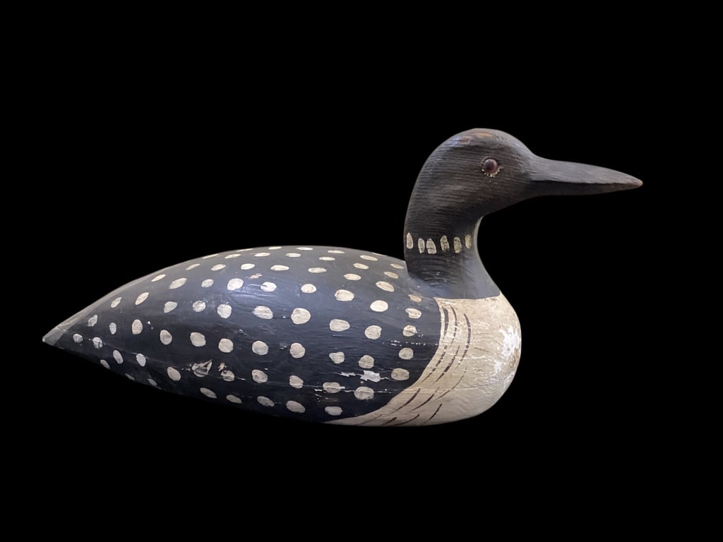 Hand Crafted Duck Decoy: Virginia Loon, made by Jimmy Bowden, nice large 21 inches tall hollow carved decoy of Loon, hand painted. Bowden, a master carver, multi generational, is recognized for his traditional pieces. With