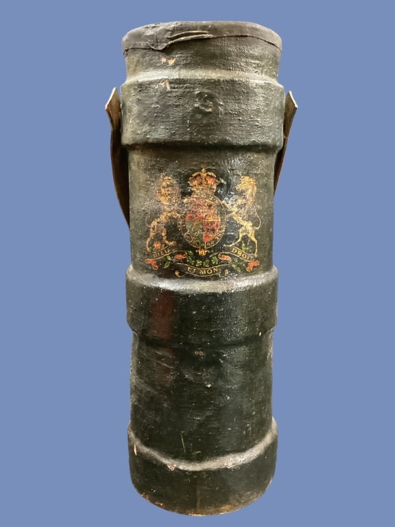 British Royal Navy Powder Bucket: Vintage cork and leather cordite carrier also known as a powder bucket or a Clarkson case.used as a flash proof container to transport propellant charges to gun turrets. 20 inches tall in a cylinder
