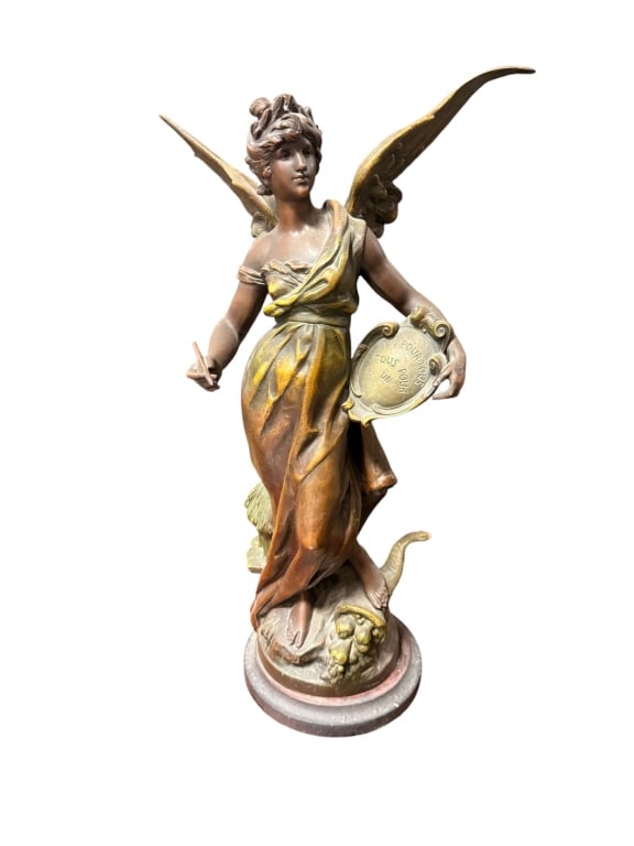 Louis Moreau Signed Winged Allegorical Figure: signed sculpture by French artist Louis Moreau, depicting a winged allegorical maiden holding an inscribed shield reading "Un pour tous, tous pour un," with a swan companion at her feet ? likely a