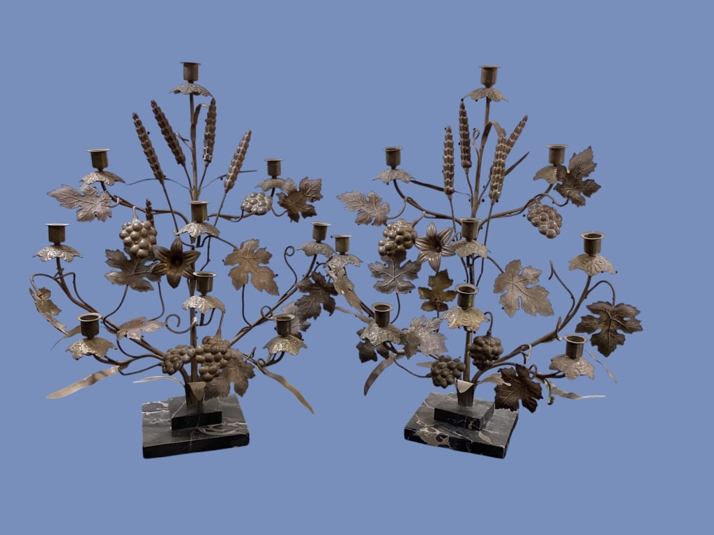 Pair Antique French Candleabra: Designed as Alter Candleabra they feature elaborate sculpted grapevines and leafy motifs. Upward sweeping wheat stalks, and trailing Lily blooms. 24 inches tall, with multiple candle cups designed to