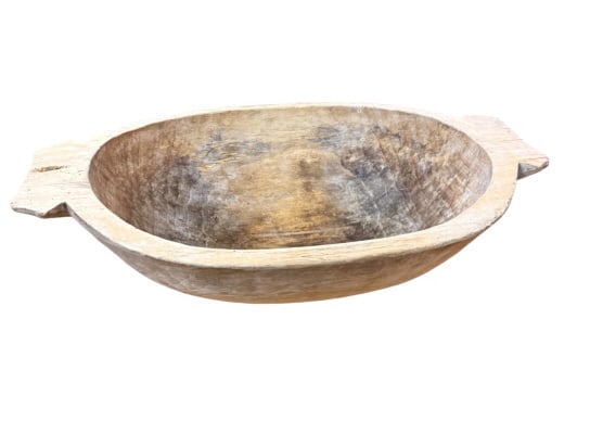 Antique Hand Dug Round Dough Bowl: Substantial single-piece hand-hewn wooden dough bowl, oval form with carved handles at each end, deep hollowed interior showing tool marks and old dark patina. Bleached/weathered exterior surface