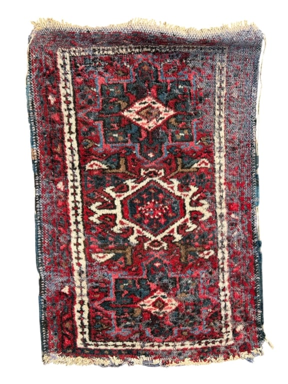 Hamadan Accent Rug: Vintage Persian Hamadan accent rug featuring a traditional geometric medallion design in rich shades of red, navy, and ivory. The bold angular motifs and intricate border create a classic, balanced