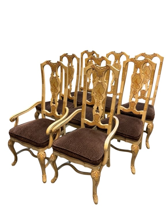 Set of Eight Drexel Heritage Sketchbook Chairs: Vintage set of Drexel Heritage Sketchbook Chinoiserie dining chairs, featuring cream-lacquered wooden frames with ornate painted decorative details. The chairs are upholstered in textured brown