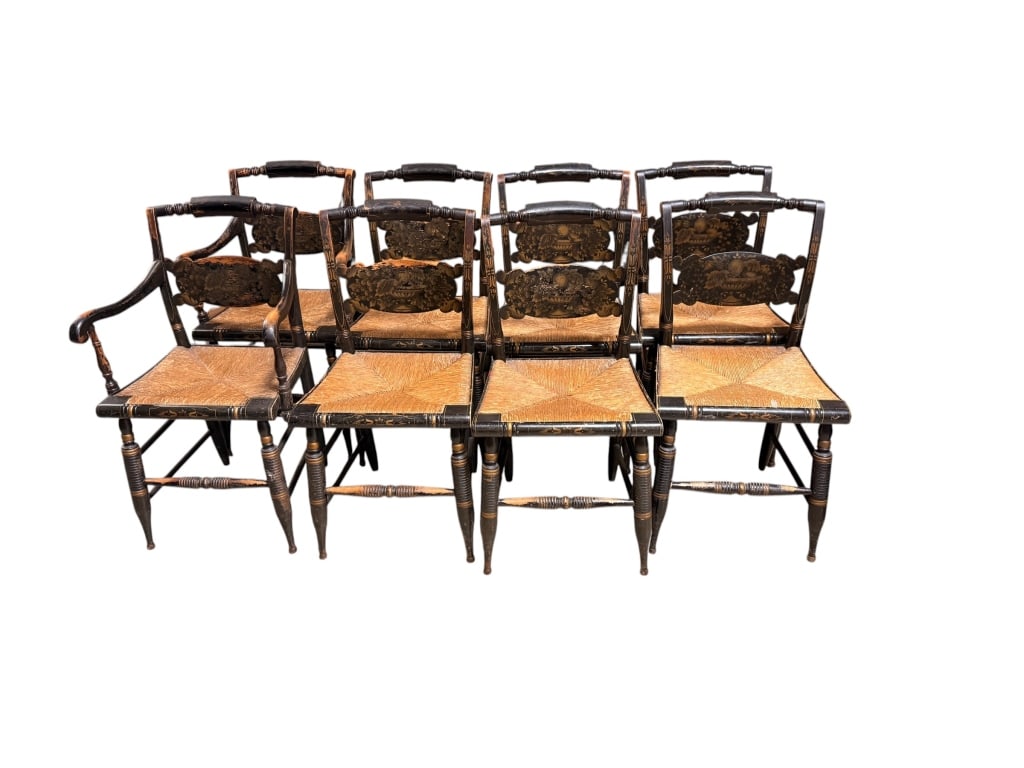 Rare Set of 8 Signed Hitchcock Chairs: 6 sides and two armchairs, rush seats, typical stenciled decoration, all signed on rear set rail, sturdy, good condition hard to find set of 8