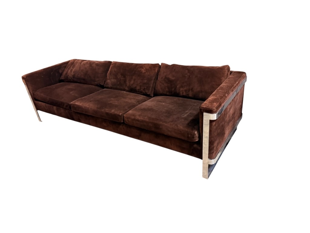 W&J Sloane Chrome-Frame Suede Sofa: Three-seat sofa with flat-bar polished chrome frame and exposed waterfall chrome arms/legs, upholstered in chocolate brown suede. Original manufacturer?s label present: "W&J Sloane Inc., Established