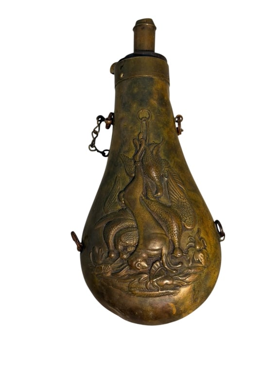 Civil War Era Copper Powder Horn: Civil war era copper powder horn with embossed image of a rabbit and various game birds. Item is in excellent condition.