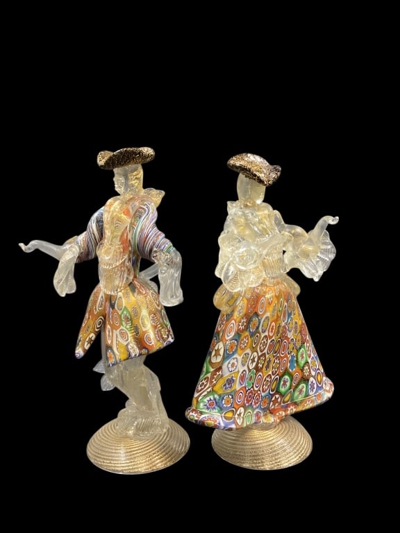 Pair Murano Venetian Goldoni Figures: This pair of hand blown figures depicting theatrical characters from Plays of Carlo Goldoni. Representing Casanova and Dame, lovely 10 inches tall figures created in mosaic Millefiori glass, infused