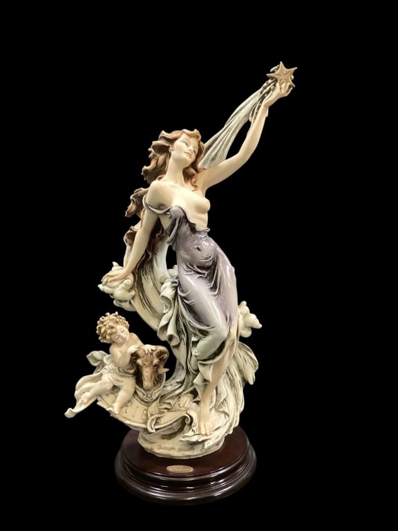 Florence Studio Sculpture: Aries model #1554C, from the Zodiac series, created by Italian sculptor Giuseppe Armani. 19 inches tall figures it depicts a female allegory representing Aries Zodiac sign. Made of a composition