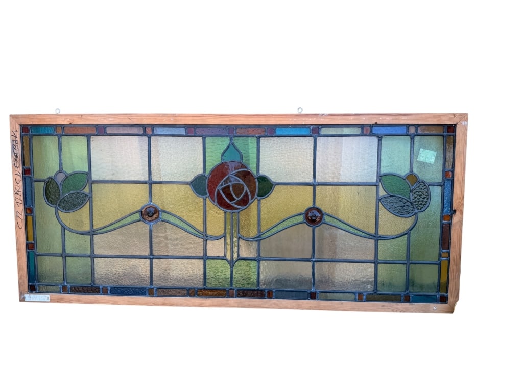 Vintage art Deco stained glass panel: New frame stained glass border with Rose and vine motif to fisheye medallions, 57 x 25