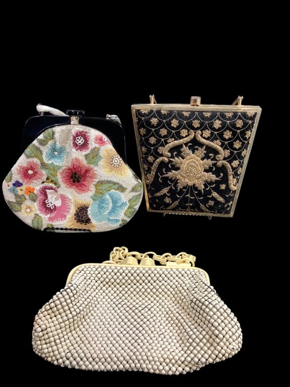 Vintage Fashion Purses: Tyrolean gold plated frame velvet box bag, with elaborate gold metallic thread designs. 8 x 7 inches, fixed exterior frame, Whiting and Davis Alumesh evening bag, ivory colored enameled tiles, cellulo