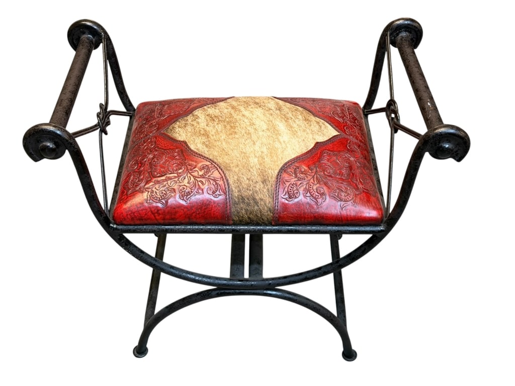 Vanity Bench with Red Leather and Hide (1 of 1)