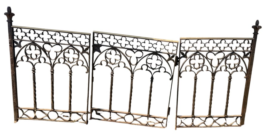 Gothic Revival Wrought Iron Fence/Gate Sections: Three-section wrought iron architectural fence run, Gothic Revival design with quatrefoil cresting rail, arched trefoil tracery, and twisted baluster spindles over a scrolled lower rail; urn-finial